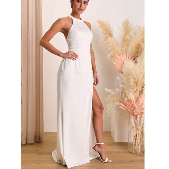 Lulu's Radiant Adoration White Satin Lace Backless Halter Maxi Dress Small NWT - Picture 9 of 11